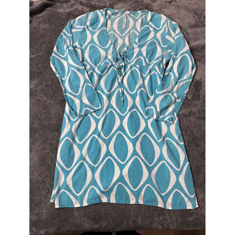 Ocean Breeze Womens Teal Blue White Geometric Cotton Tunic Dress Cover Up Size M